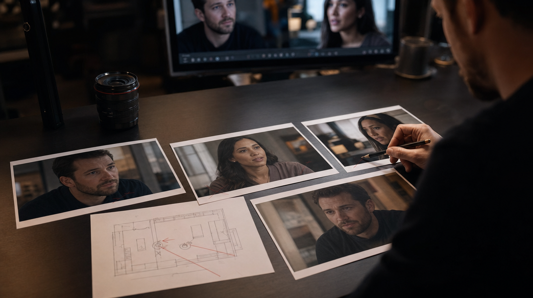 Scéna ještě drží. Pak se mezi střihy rozjede směr pohledu. - in-article production visual 2