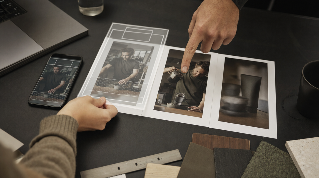 AI vertikální reklamy se lámou pod caption barem - in-article production visual 2