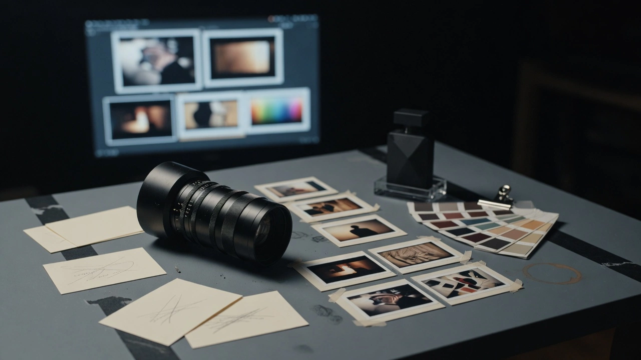 Cinematic production table for an AI campaign video with lens, storyboard, and campaign frames