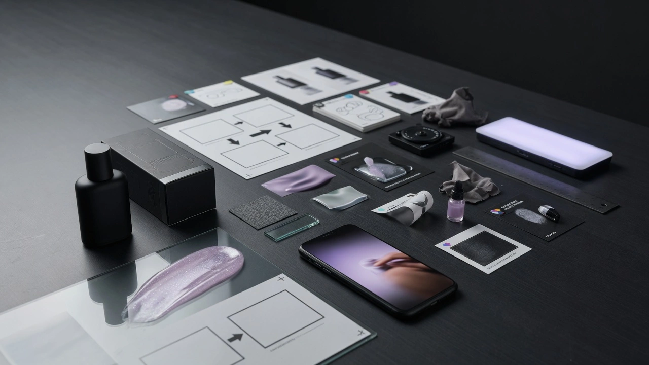 Premium tabletop set for AI product demo video with product, motion frames, material swatch, and camera plan without readable text