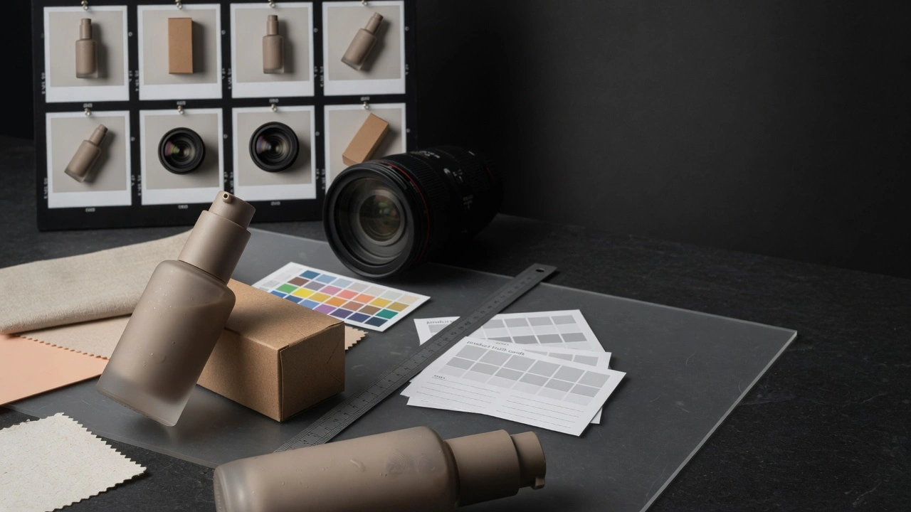 Premium product photography set with packaging, material swatches, macro details, and color control