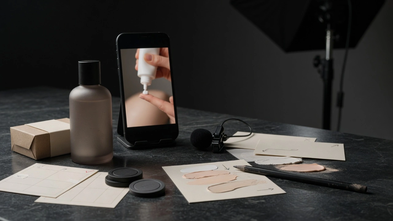 Premium AI UGC ad production table with product, phone, and proof cards