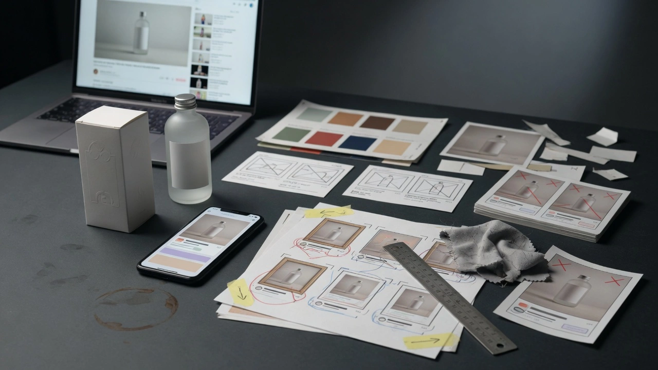 Premium paid-social review table with product packaging, phone, and ad frames without readable text